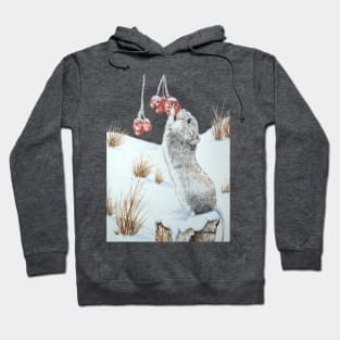 Cute gray wood mouse eating berries in snow Hoodie